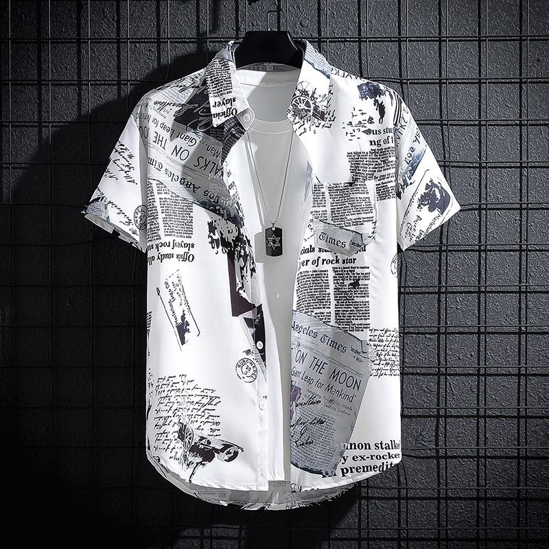 Summer Clothing Essentials Men - Newspaper Printed Shirt,Korean Version of Versatile