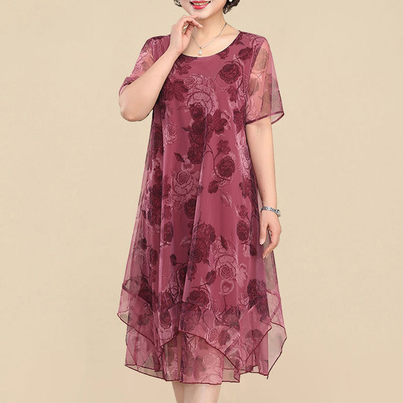 NEW O-Neck Short Sleeve Dresse - Summer Clothing For 70 Year Old Woman 评论和价格