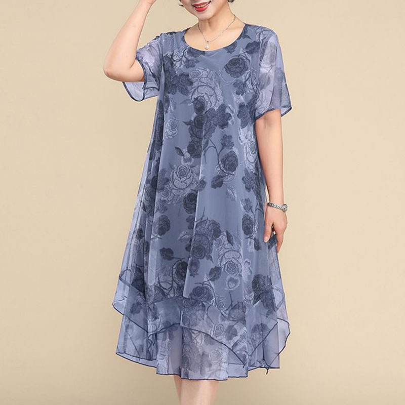 NEW O-Neck Short Sleeve Dresse - Summer Clothing For 70 Year Old Woman 评论和价格