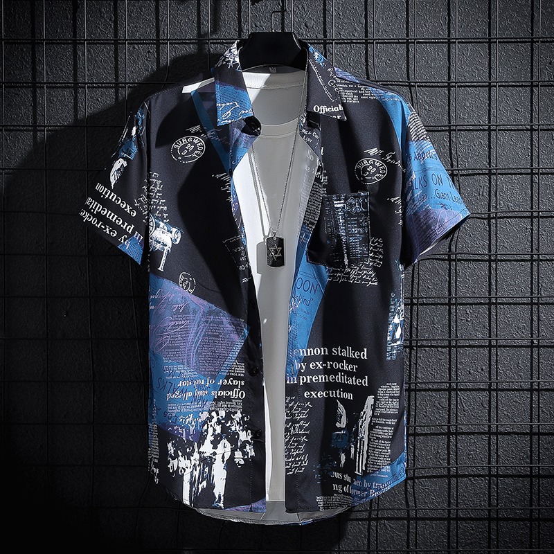 Newspaper Printed Shirt,Korean - Summer Clothing Essentials Men 评论和价格