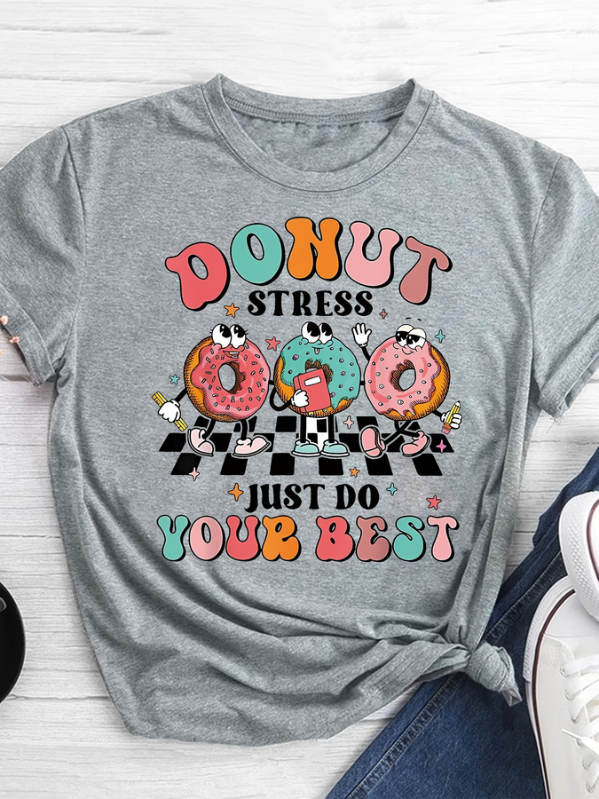 Cartoon Donut Print T-shirt, S - Summer Clothing Trends 2025 Women'S 评论和价格