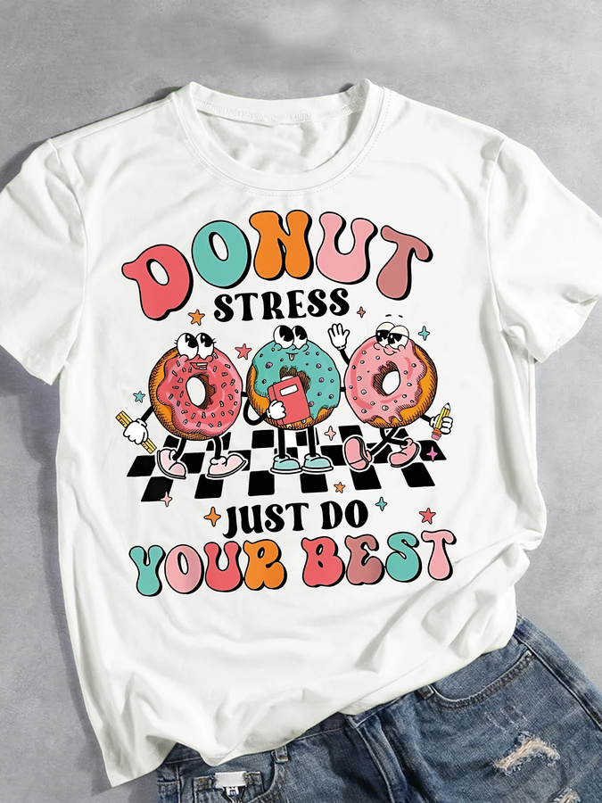 Cartoon Donut Print T-shirt, S - Summer Clothing Trends 2025 Women'S 评论和价格