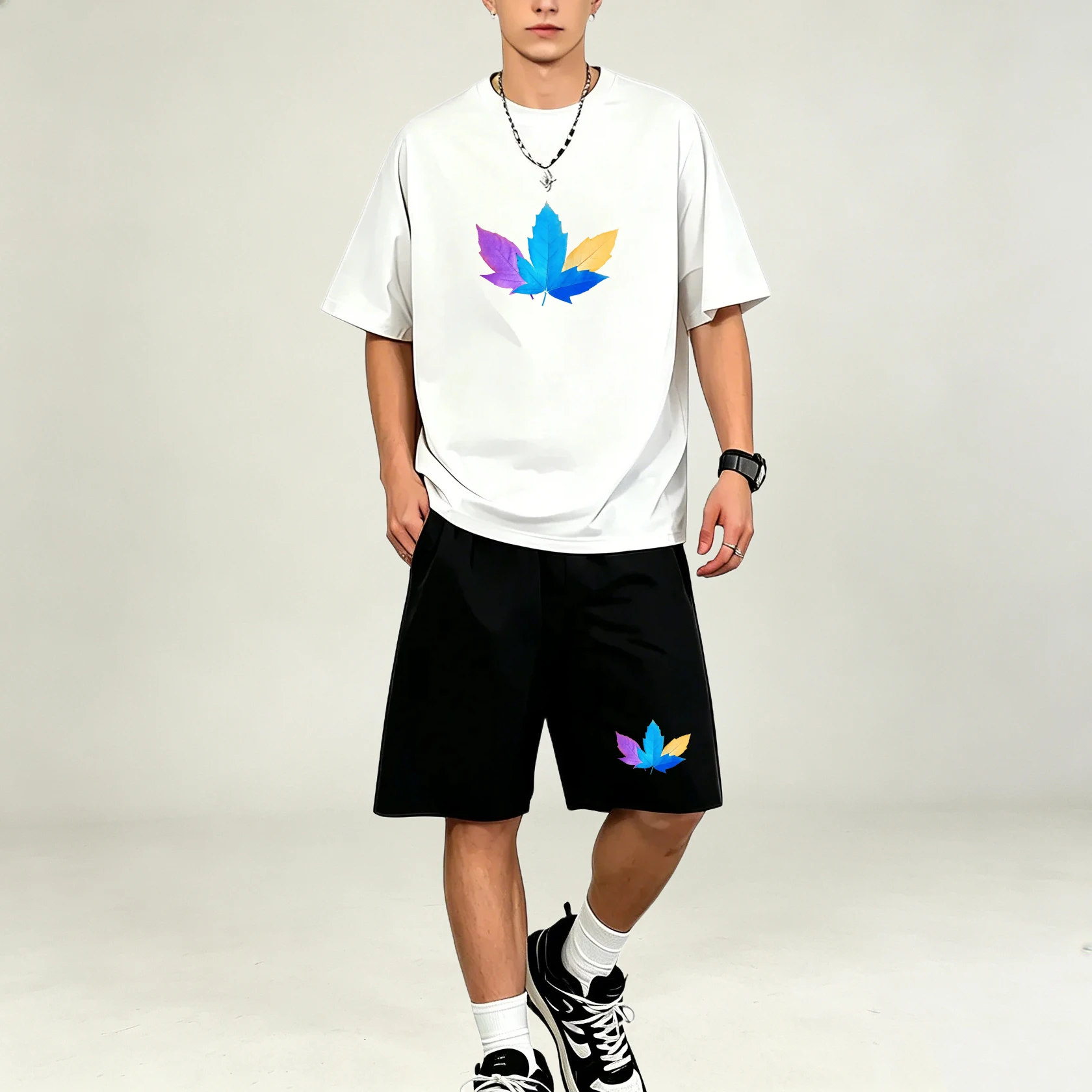 Summer Three Color Leaf Patter - Summer Clothing For Young Men 评论和价格