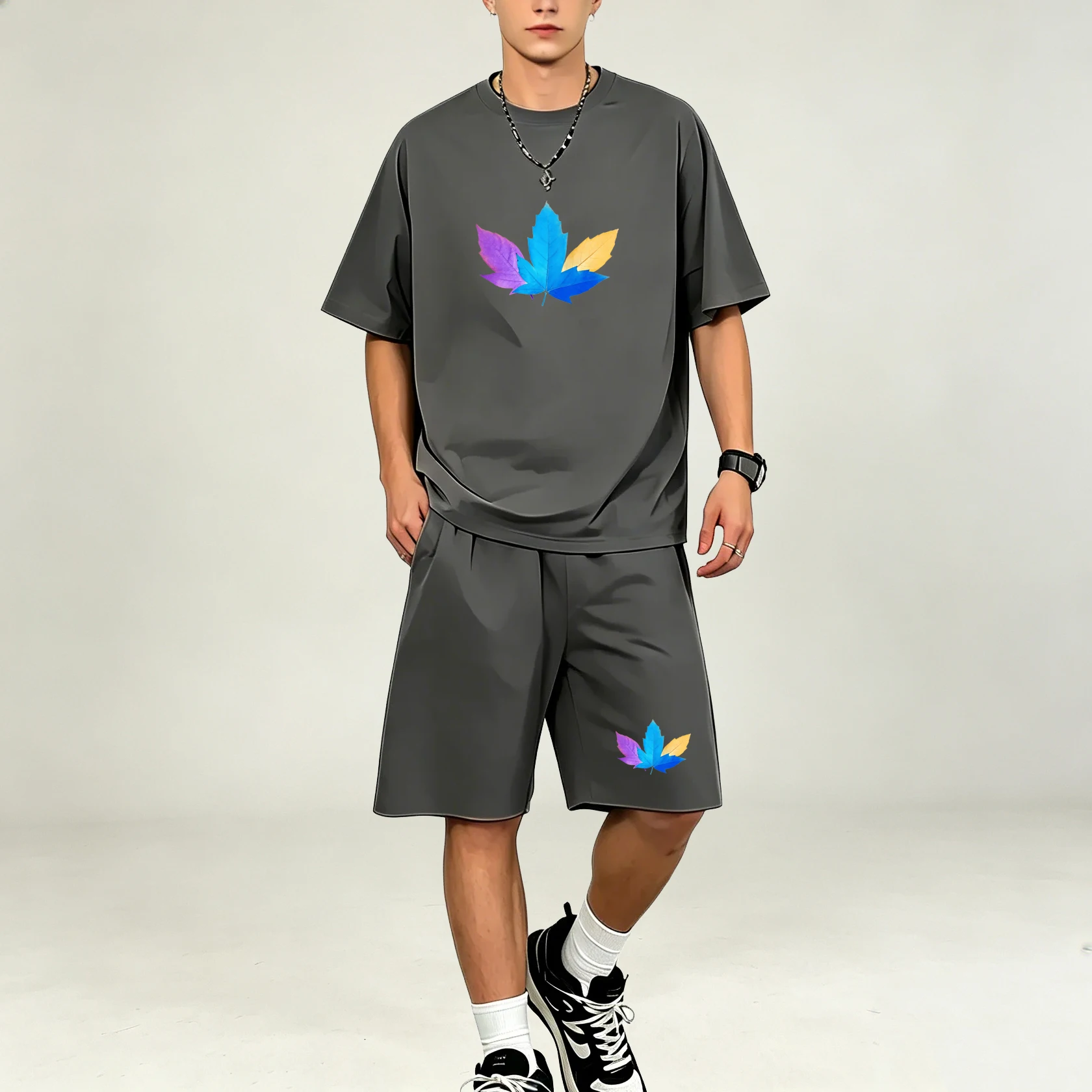 Summer Three Color Leaf Patter - Summer Clothing For Young Men 评论和价格
