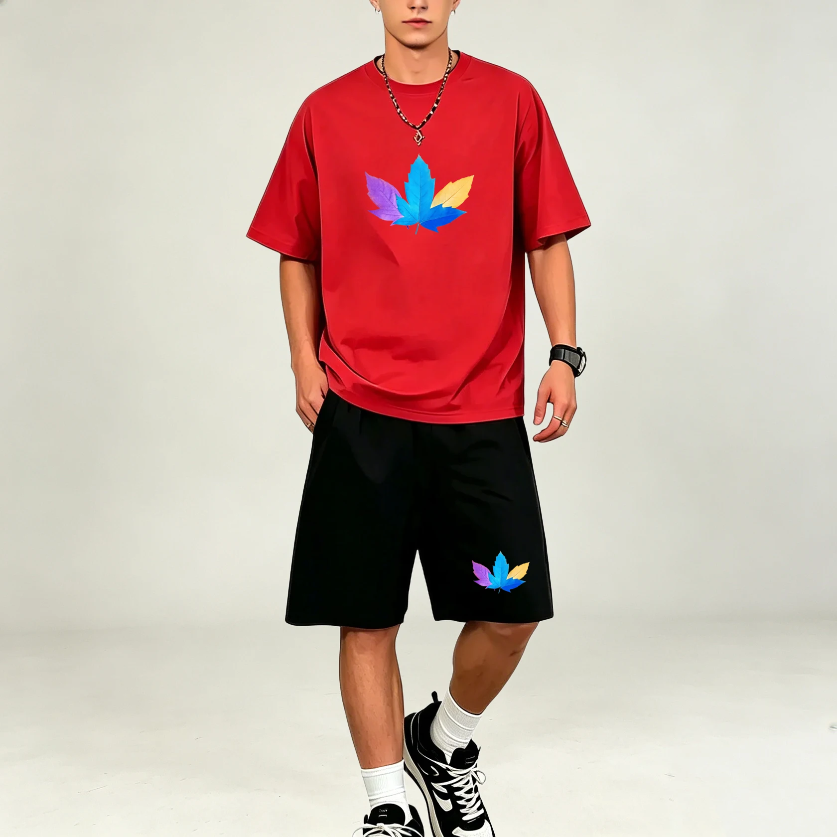 Summer Three Color Leaf Patter - Summer Clothing For Young Men 评论和价格